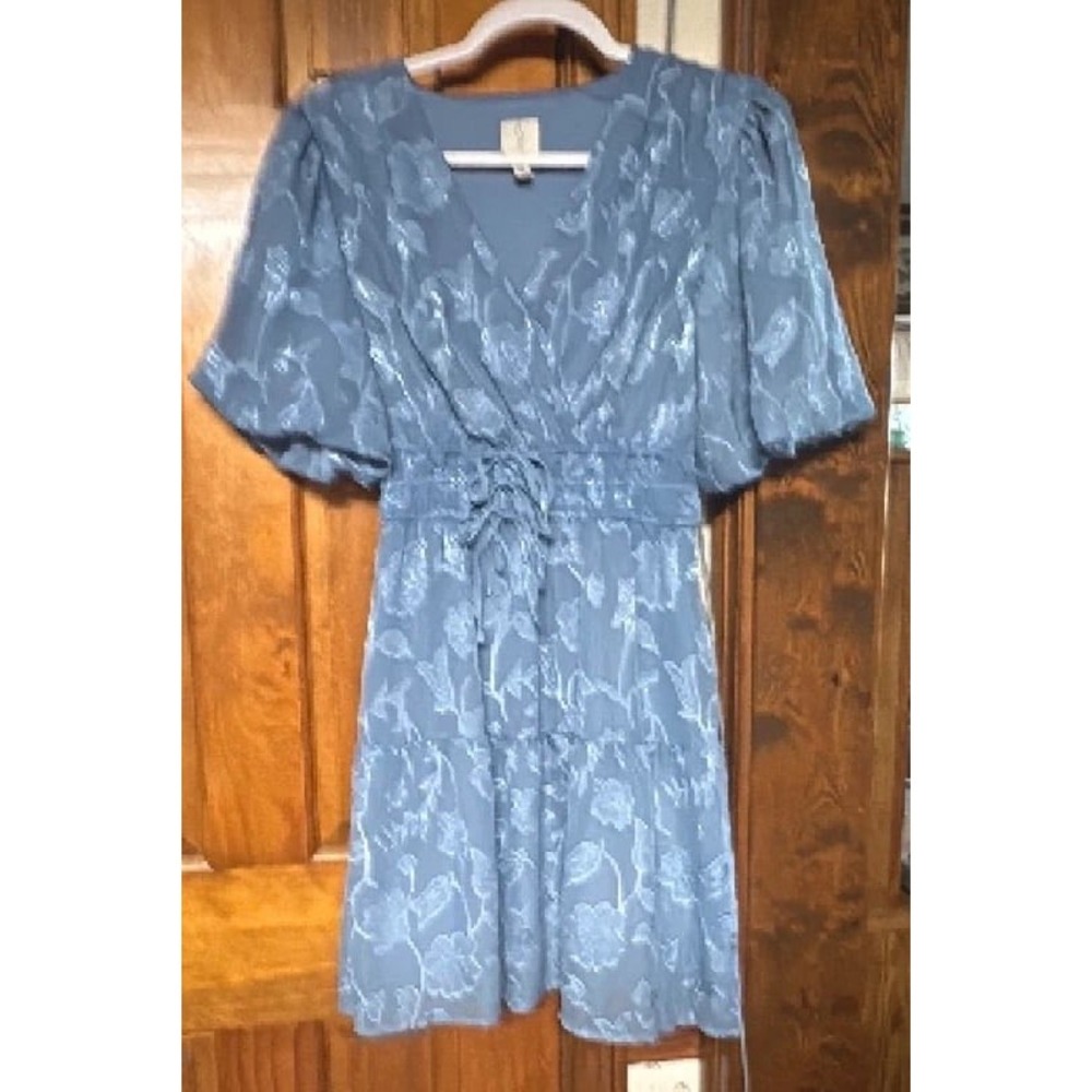 Joie Blue Floral Puff Sleeve Smocked Mini Dress XS Metallic Tiered Dress